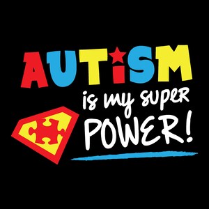 Op de afbeelding: Een kleurrijk grafisch ontwerp met het woord "AUTISME" in rode, blauwe, gele en rode letters. Onder het woord "AUTISME" staat een rood en geel Superman-logo met een puzzelstuk erin. De tekst "is my super POWER!" staat in wit onder het logo. Een blauwe lijn is onder de tekst getrokken.