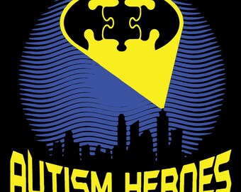 May include: A yellow and black graphic design of a bat silhouette with a puzzle piece inside. The bat is over a blue and black cityscape with the text "AUTISM HEROES" in yellow below.