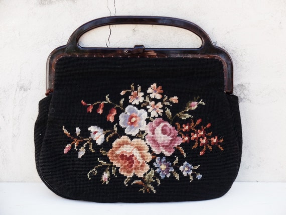 Vintage Carpet Tapestry Bag Purse Chenille 1960s Floral 