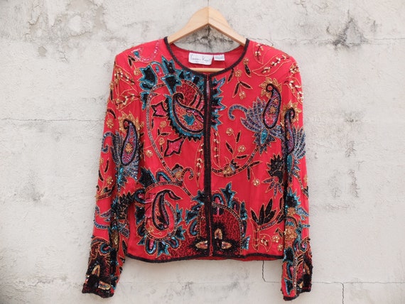 Red Beaded Jacket / Lawrence Kazar / Vintage Jacke