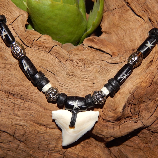 real, large shark tooth - high-quality surfer necklace with bone beads - metal-free