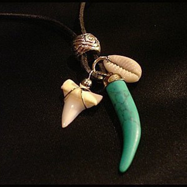 Turquoise Shark Tooth Leather Chain