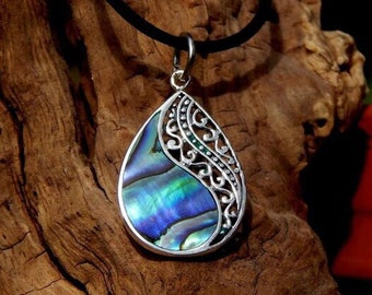 925 sterling Silber Anhänger mit Lederkette, Paua Muschel - Abalone, blau, Seeohren