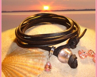 romantic leather strap in delicate pink, soft quality leather, bracelet for women, wrap bracelet