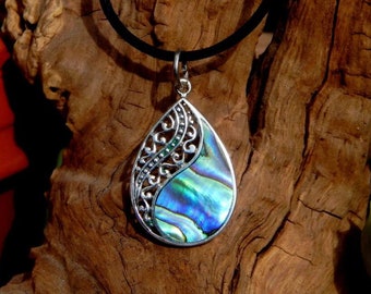 925 sterling Silber Anhänger mit Lederkette, Paua Muschel - Abalone, blau, Seeohren