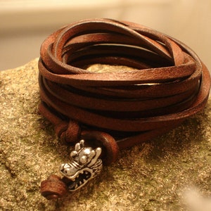 Leather bracelet with silver-colored pearl, black, brown or natural, dragon, dragon head, soft leather, surfer bracelet, wrap bracelet, brown, 40