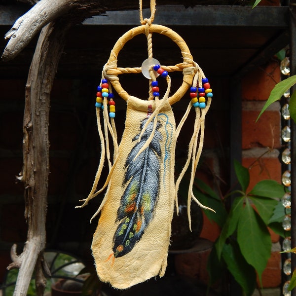 indianisches Medizinrad, Traumfänger aus Hirschleder,sämisch gegerbtes Leder,handbemalt mit Glasperlen