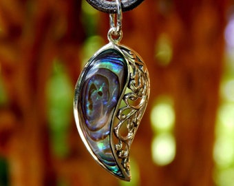 filigraner 925 sterling Silber Anhänger mit Echtlederkette, mit Paua Muschel - Abalone, blau - silber