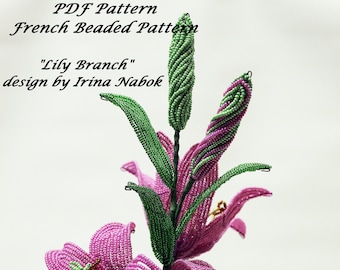 pdf pattern, lily pattern, pdf french beaded flower pattern, pdf lily pattern, lily beaded tutorial, lily beaded step by step tutorial