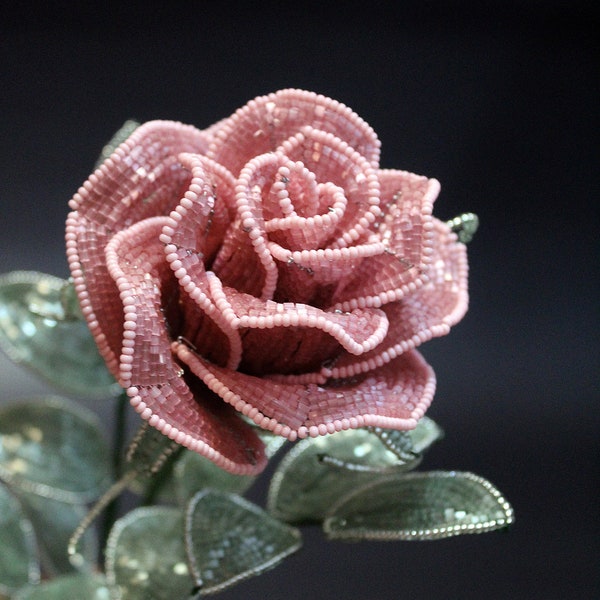 Beaded rose, pink rose, beaded flower, french beaded flower, glass rose, artificial rose, decorative rose, vase decor