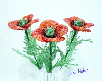 Red poppies, set of 3 poppies, French beaded flowers, beaded poppies, wild flowers, bouquet of poppies, artificial poppies