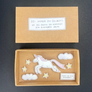 Streichholzschachtel mit fliegendem Einhorn und Spruch, als Geschenk und Mitbringsel, Gastgeschenk