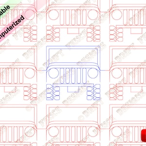 Puede incluir: Un patrón imprimible de un Jeep, delineado en rojo y azul. El patrón se repite en toda la página, con el Jeep central resaltado en azul.