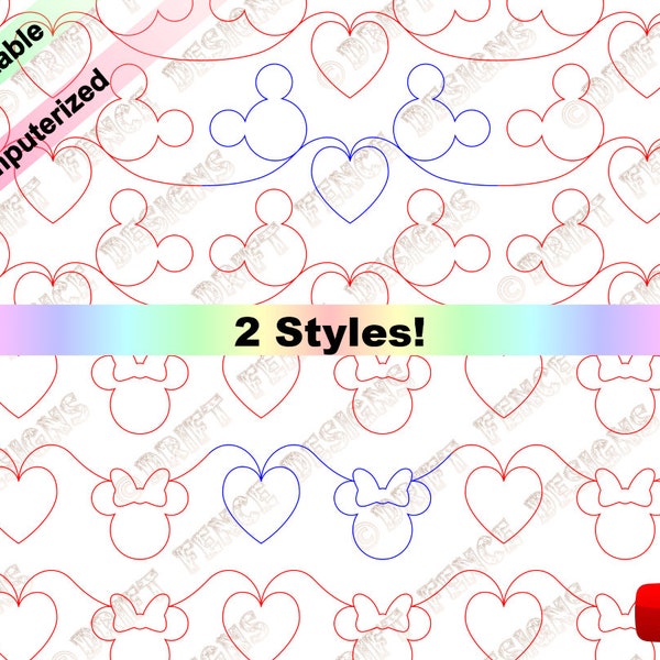 Mouse Ears with hearts continuous line, edge to edge pantograph for quilting. Includes both Mickey and Minnie Versions