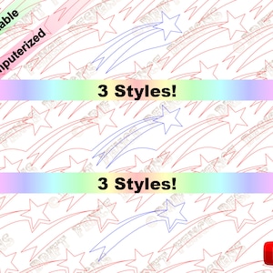 May include: Printable coloring page featuring three different styles of shooting stars with a repeating pattern of stars. The text "3 Styles!" appears twice on the page.