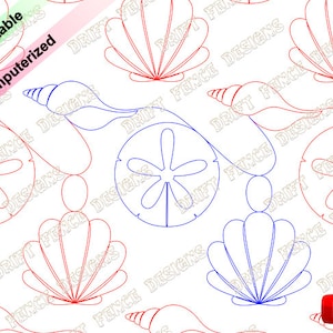 Puede incluir: Un patrón sin costuras que presenta contornos azules y rojos de conchas marinas, dólares de arena y conchas marinas. El patrón está sobre un fondo blanco.