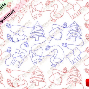 May include: A digital pattern featuring a repeating design of red and blue outlines of animals and trees. The animals include a beaver, a moose, a fox, a bear, and a goose. The trees are stylized pine trees. The pattern is suitable for quilting, embroidery, or other crafts.