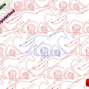 May include: A digital pattern featuring a repeating design of blue and red horses and roses. The pattern is suitable for quilting, embroidery, and other crafts.