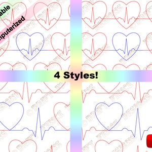 May include: Four different styles of heart beat patterns in red and blue. The patterns are inside of heart shapes. The text "4 Styles!" is in the center of the image.