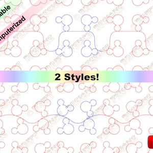 Pode incluir: Dois estilos de padrões de acolchoado de cabeça de Mickey Mouse. O padrão superior é uma linha contínua de cabeças de Mickey Mouse conectadas por uma linha curva. O padrão inferior é uma fila de cabeças de Mickey Mouse conectadas por uma linha ondulada. Os padrões são em vermelho e azul.