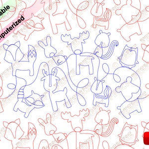 Forest Friends continuous line, edge to edge pantograph for quilting. Includes bear, deer, fox, moose, owl, rabbit, racoon, skunk, squirrel