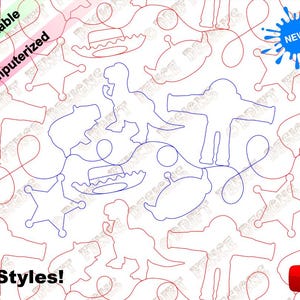 May include: A digital download of two styles of quilting patterns featuring outlines of various objects, including a cowboy hat, a spaceship, a dinosaur, an astronaut, and a sheriff's star. The patterns are in red and blue lines on a white background.