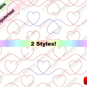 May include: A digital download of two quilting patterns featuring a repeating pattern of hearts. The patterns are in red and blue. The text "2 Styles!" is printed on a rainbow background.