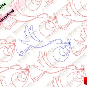 Stork and Baby in a continuous line, edge to edge pantograph for longarm quilting or embroidery.