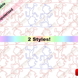 Puede incluir: Una descarga digital de dos patrones imprimibles con un personaje de dibujos animados corriendo. Los patrones son en líneas rojas y azules sobre un fondo blanco. El texto "2 Styles!" está en un degradado arcoíris.