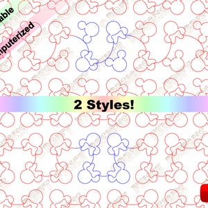 Pode incluir: Um fundo branco com um padrão repetitivo de desenhos em forma de Mickey Mouse vermelhos e azuis. As palavras "Printable Computerized" estão no canto superior esquerdo, e "2 Styles!" no centro. Um ícone de vídeo está no canto inferior direito.