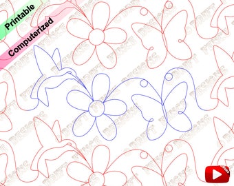 Hummingbird, Flower, and Butterfly in a continuous line, edge to edge pantograph for longarm quilting or embroidery.