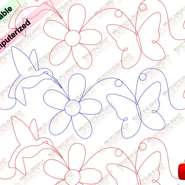Hummingbird, Flower, and Butterfly in a continuous line, edge to edge pantograph for longarm quilting or embroidery.