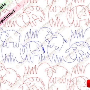 Sheep, Horse, Pig, and Cow in Grass continuous line, edge to edge pantograph for quilting.