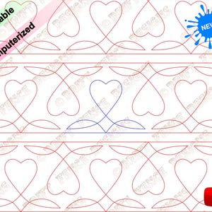 May include: A digital quilting pattern featuring a repeating design of interlocking hearts. The pattern is outlined in red and blue lines. The text "NEW!" is in a blue circle with a blue paint splatter.
