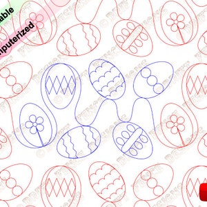 Könnte beinhalten: Ein digitales Muster zum Quilten mit einem sich wiederholenden Muster aus roten und blauen Ostereiern mit verschiedenen Designs. Der Text "Printable Computerized" ist in der oberen linken Ecke des Bildes sichtbar.