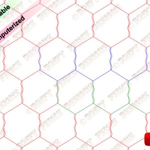 May include: A digital illustration of a hexagonal wire mesh pattern. The mesh is primarily red, with some sections highlighted in blue and green. The words "Printable" and "Computerized" are visible, along with the text "DRIFT FENCE DESIGNS". A video icon is in the bottom right corner.