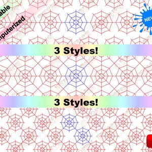May include: Three different styles of printable spiderweb patterns. The webs are red and blue on a white background. The text "3 Styles!" appears twice on the image.