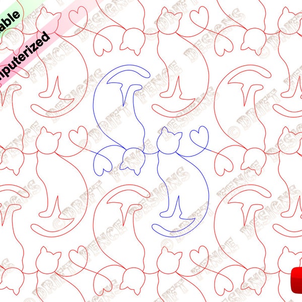 Cat Lovers. A continuous line of cats and hearts in an edge to edge pantograph for quilting.
