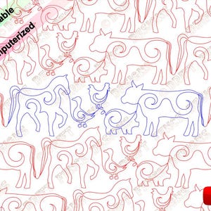 May include: A seamless pattern featuring a variety of farm animals, including cows, horses, and chickens. The animals are outlined in blue and red, and their bodies are filled with intricate swirls. The pattern is perfect for quilting, fabric, or other craft projects.