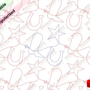 Stivale, ferro di cavallo e stella linea continua, pantografo da bordo a bordo per quilting. Adatto per quilter a braccio lungo.