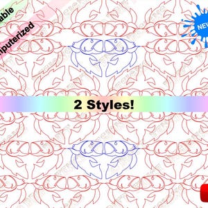 May include: Printable pattern featuring two styles of a repeating design of stylised fish. The pattern is outlined in red and blue.