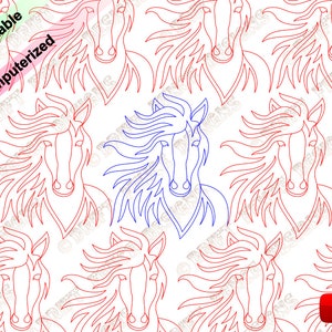 May include: A seamless pattern featuring a repeating design of horse heads with flowing manes. The horse heads are outlined in red and blue, creating a contrasting effect. The pattern is suitable for use in various crafting projects.