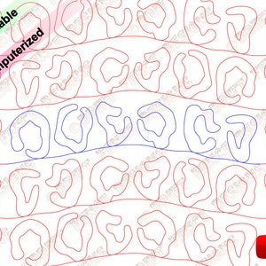 May include: A digital design featuring a repeating pattern of red and blue abstract shapes. The design is for a quilting project and is available for download.