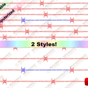 May include: A repeating pattern of red barbed wire lines with red and blue barbed wire details. The words "Printable Computerized" are in the upper left corner. The words "2 Styles!" are in the center.