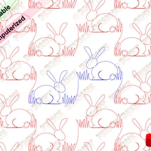 Peut inclure: Motif répétitif de lapins stylisés rouges et bleus, entrecoupés de brins d'herbe. Le motif est posé sur un fond blanc. Les mots "Printable Computerized" sont visibles en haut à gauche.