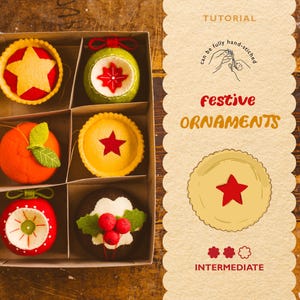 May include: A box of handmade festive ornaments. The ornaments include a star, a green ball, an orange, a pie with a star, a red ball, and a chocolate pie with holly. The text on the right says "Tutorial" and "Festive Ornaments".