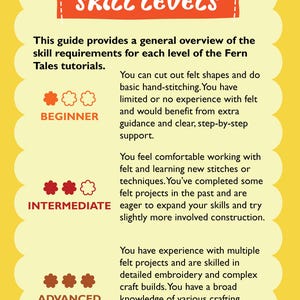 May include: A yellow guide with orange text reading "SKILL LEVELS" and descriptions for beginner, intermediate, and advanced skill levels. Each level is represented by felt flower icons. The guide is for Fern Tales tutorials.