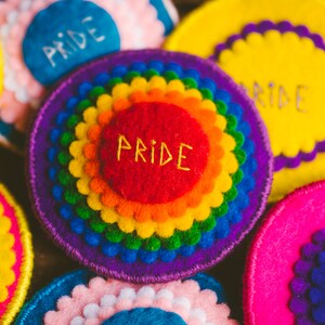 Rainbow felt badges that have the word Pride embroidered