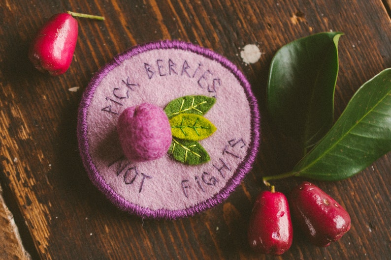 Felt handmade badge with a lilli pilli fruit and some leaves, the text reads: Pick berries, not fights