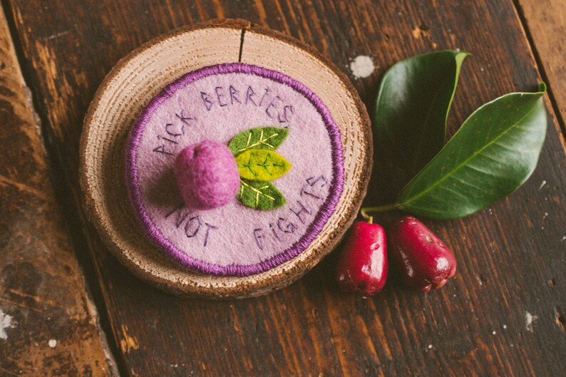 Felt handmade badge with a lilli pilli fruit and some leaves, the text reads: Pick berries, not fights